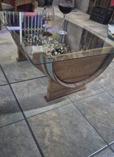 Glass Top Oak Barrel Coffee Table